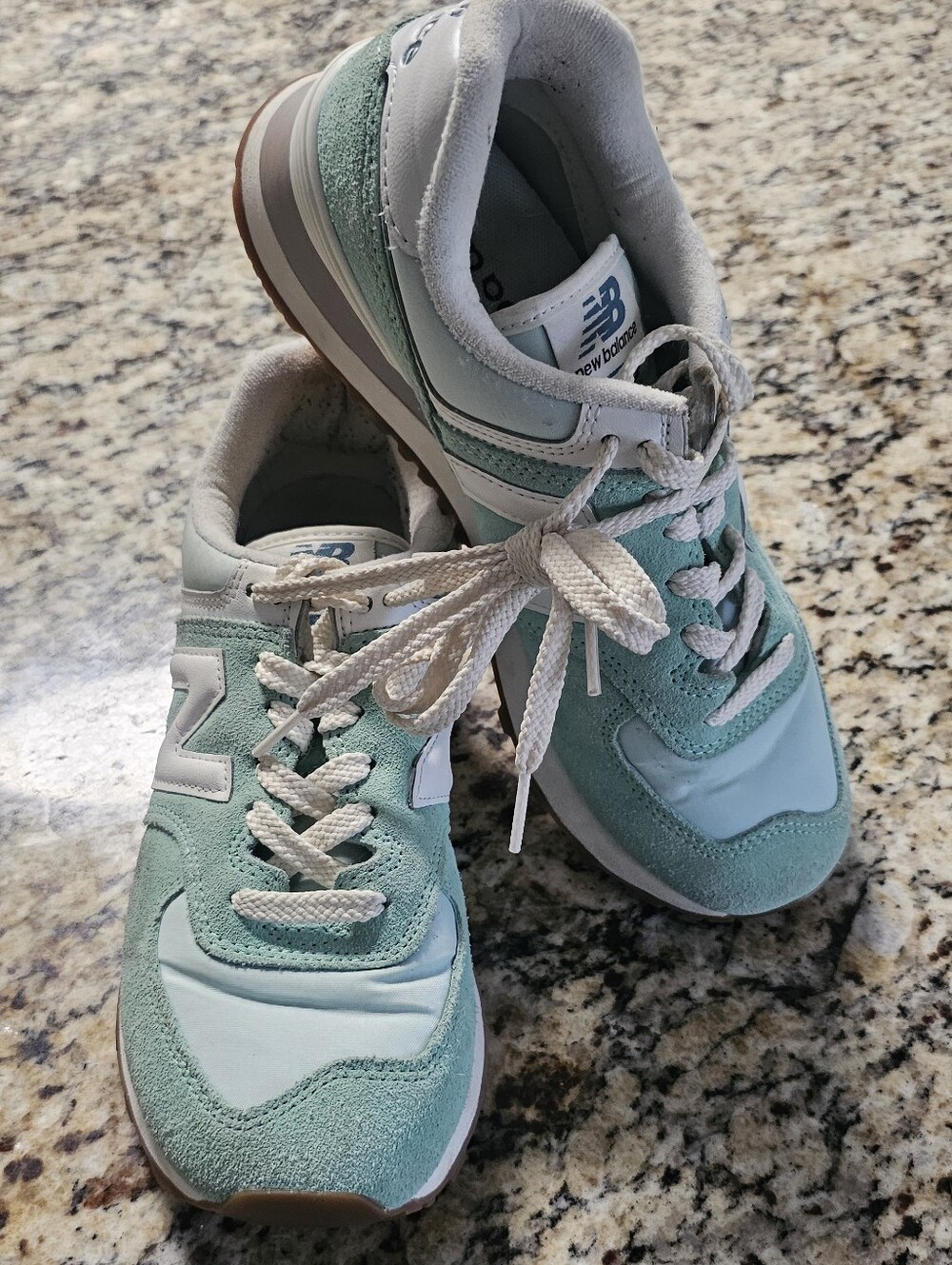 New Balance 574 sneakers, featuring a distinctive seafoam green suede upper 6.5 - Picture 10 of 11